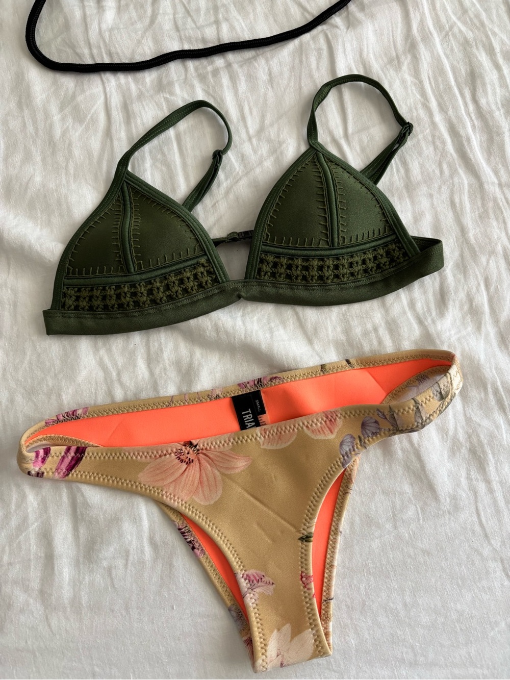 triangl swimwear Olive Green Crochet Triangle Top with Floral Tan Bikini Bottom